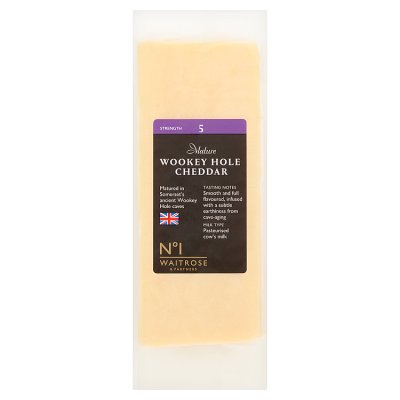 Waitrose mature Wookey Hole cheddar strength 5 200g, imported from the UK