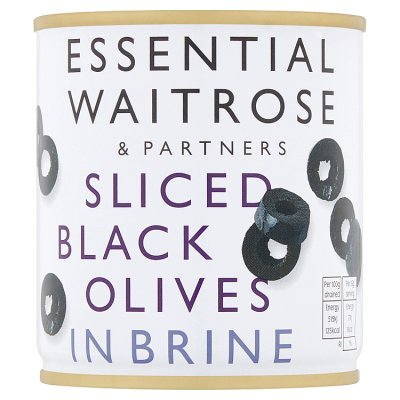 Waitrose Essential sliced hojiblanca olives in brine 200g, imported from the UK