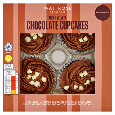 Waitrose chocolate cupcakes with white chocolate decorations, imported from the UK