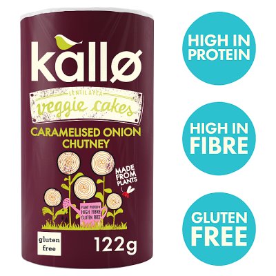 Kallo veggie cakes caramelised onion chutney 122g, imported from the UK