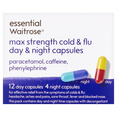 Waitrose Day & Night cold and flu capsules 16s, imported from the UK