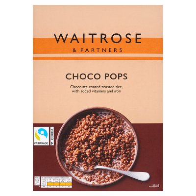 Waitrose Choco Pops chocolate rice cereal 375g, imported from the UK