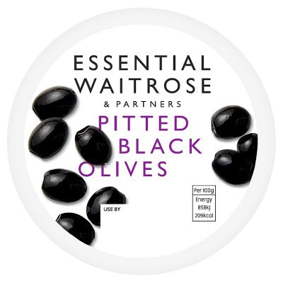 Waitrose Essential pitted black olives in rapeseed oil 120g, UK version