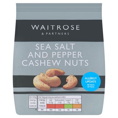 Waitrose sea salt and pepper cashew nuts 150g, UK version