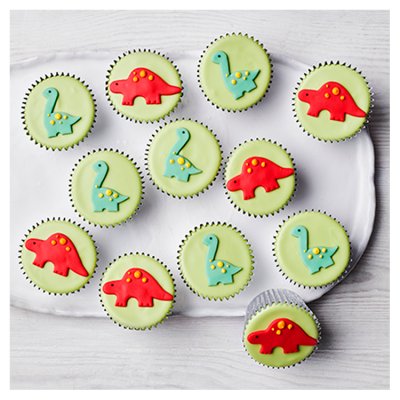12 dinosaur cupcakes with green fondant icing and dinosaur toppers (British brand)