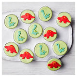 12 dinosaur cupcakes with green fondant icing and dinosaur toppers (British brand)