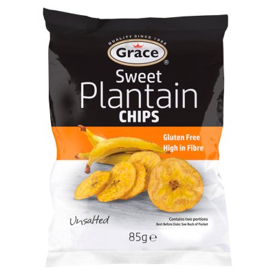 Grace unsalted sweet plantain chips 85g, imported from the UK