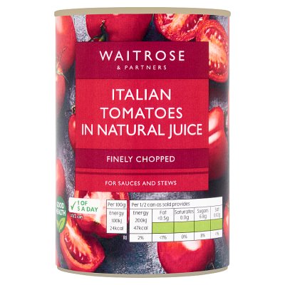 Waitrose finely chopped Italian tomatoes 400g can, imported from the UK