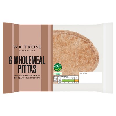 Waitrose wholemeal pitta breads 6 pack, imported from the UK