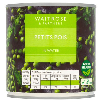 Waitrose canned petits pois in water 400g, UK version