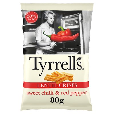 Tyrrells lentil crisps sweet chilli 80g, imported from the UK