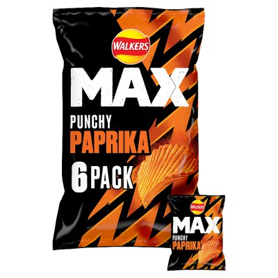 Walkers Max Punchy Paprika crisps 6x27g multipack, UK version