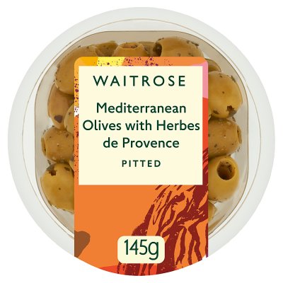 Waitrose olives with herbes de Provence 145g, imported from the UK