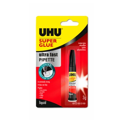 Uhu super glue liquid in safe-standing container (British brand)