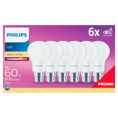 Philips LED warm white B22 bulb 8W six pack, UK version