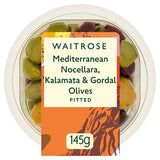 Waitrose Mediterranean Nocellara, Kalamata and Gordal olives 145g, imported from the UK