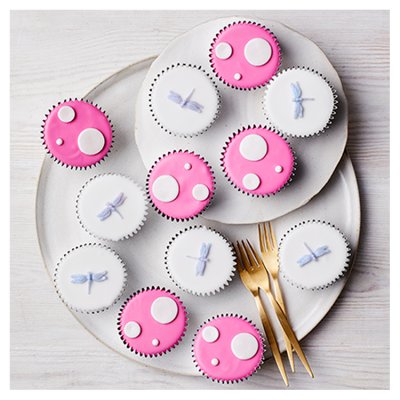 Cupcakes with toadstool and dragonfly decorations, 12 pack, imported from the UK
