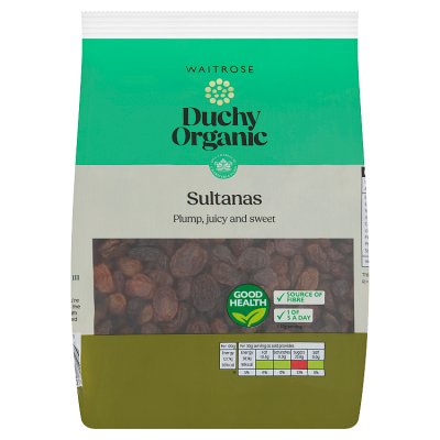 Duchy Organic sultanas 500g pack, imported from the UK