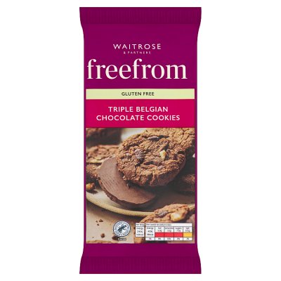 Waitrose gluten free triple choc cookies 150g, imported from the UK
