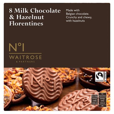 Waitrose No.1 milk chocolate hazelnut florentines 172g, imported from the UK