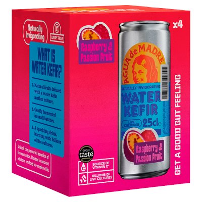 Agua De Madre raspberry passion fruit water kefir, imported from the UK