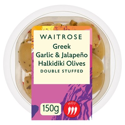 Waitrose stuffed olives garlic and jalapeño 150g, UK version