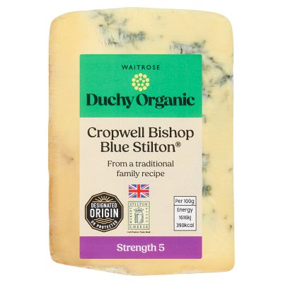 Duchy Organic Cropwell Bishop Blue Stilton cheese, imported from the UK