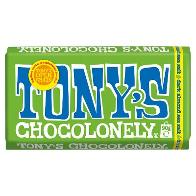 Tony's Chocolonely dark chocolate bar with almonds and sea salt, UK version
