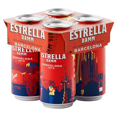 Estrella Damm Spanish lager beer cans 4x440ml, UK version