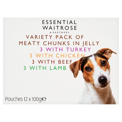 essential Waitrose Meaty Chunks in Jelly dog food 12x100g (British brand)