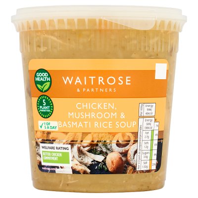 Waitrose chicken mushroom and basmati rice soup 600g, imported from the UK