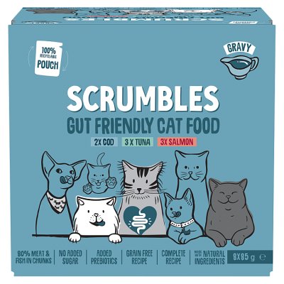 Scrumbles wet cat food fish in gravy 8x85g, imported from the UK