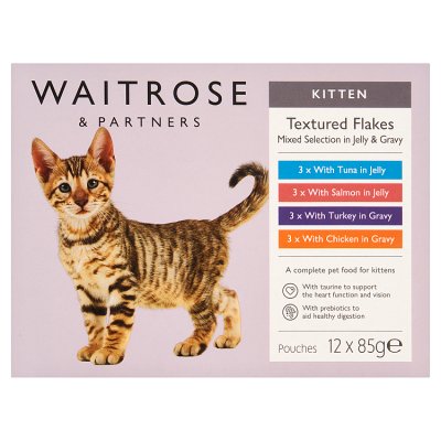 Waitrose kitten food textured flakes in jelly and gravy 12x85g (British brand)