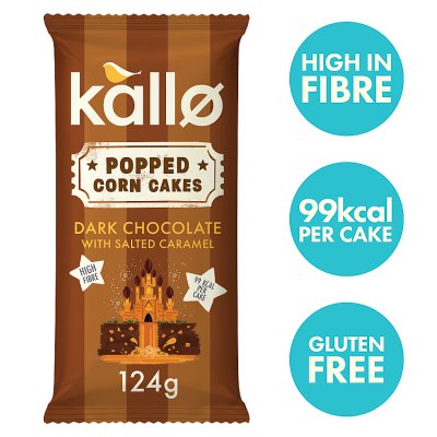 Kallo dark chocolate salted caramel popped corn cakes 124g, UK version