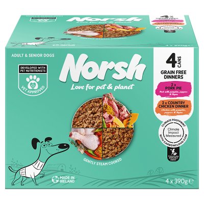 Norsh grain free dog food dinners pork and chicken 4x390g (British brand)