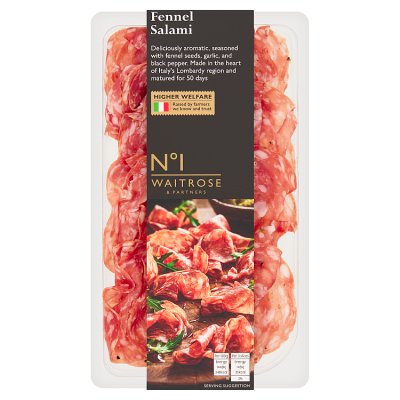 Waitrose No.1 fennel salami 80g pack (British brand)