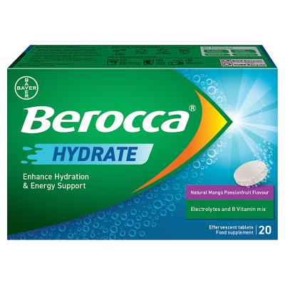Berocca Hydrate mango passionfruit effervescent tablets 20s, UK version
