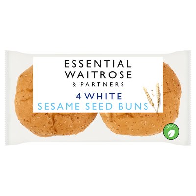 Essential Waitrose white sesame seed buns 4 pack (British brand)