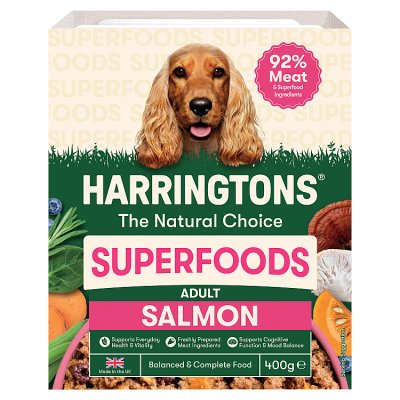 Harringtons salmon superfoods dog food tray 400g, imported from the UK