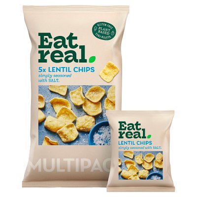 Eat Real salted lentil chips 5x18g, imported from the UK
