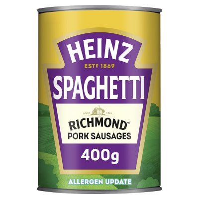 Heinz tinned spaghetti with Richmond sausages 400g, imported from the UK