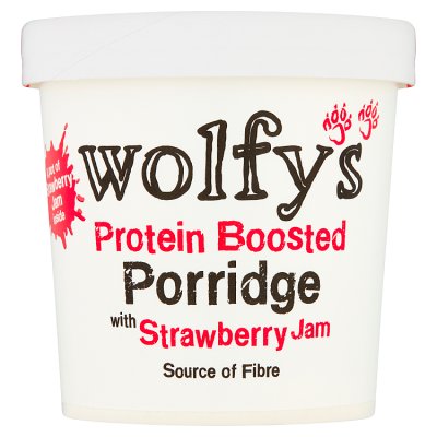 Wolfy's protein porridge pot with strawberry jam 91g, imported from the UK