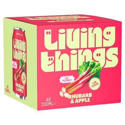 Living Things Rhubarb Apple Prebiotic Soda 4x330ml, imported from the UK
