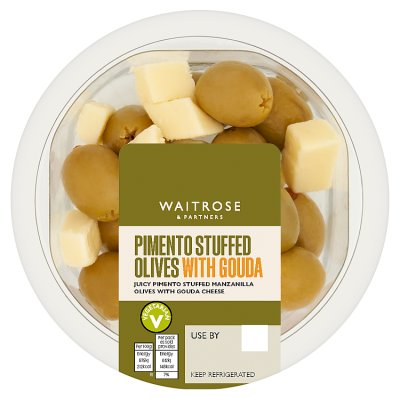 Waitrose pimento stuffed olives with Gouda 70g (British brand)
