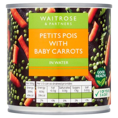Waitrose canned petits pois and baby carrots 400g, imported from the UK