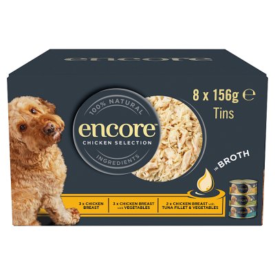 Encore chicken broth dog food tins 8x156g, imported from the UK