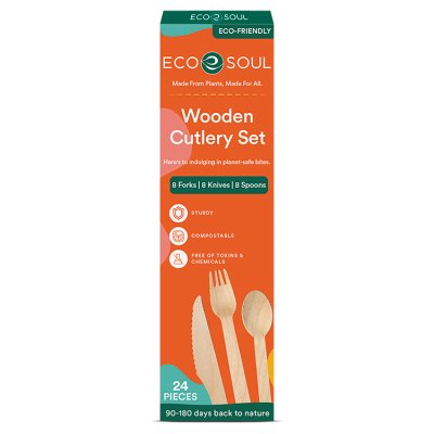 Compostable wooden cutlery set 24 pieces, UK version