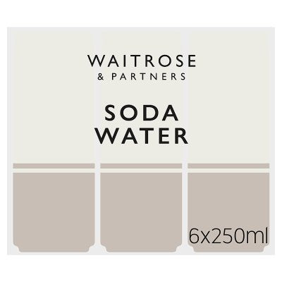 Waitrose carbonated soda water cans 6x250ml, imported from the UK