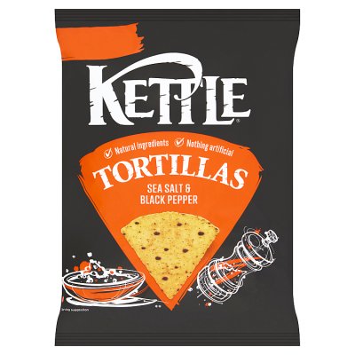 Kettle sea salt black pepper tortilla chips 140g, imported from the UK
