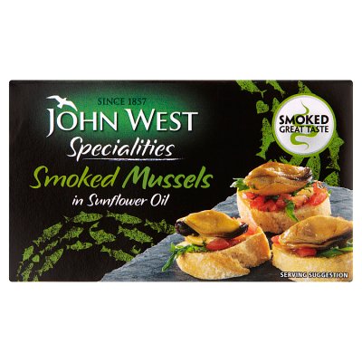 John West wood smoked mussels in sunflower oil 85g (British brand)